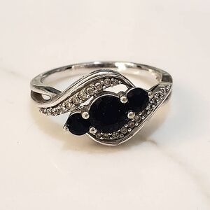 10k White Gold Genuine Blue Sapphire & 1/10 Ct Diamond Ring